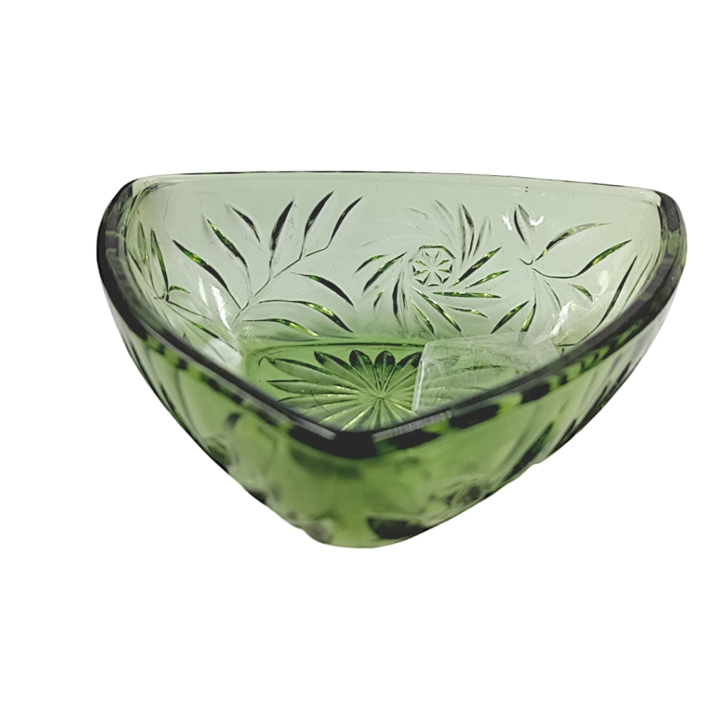 Hazel Atlas Avocado Green Cut Glass Triangular Candy Dish Bowl